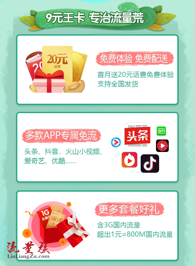 中国电信“大王卡”9元/月:3G流量+1元800M+100分钟+免流