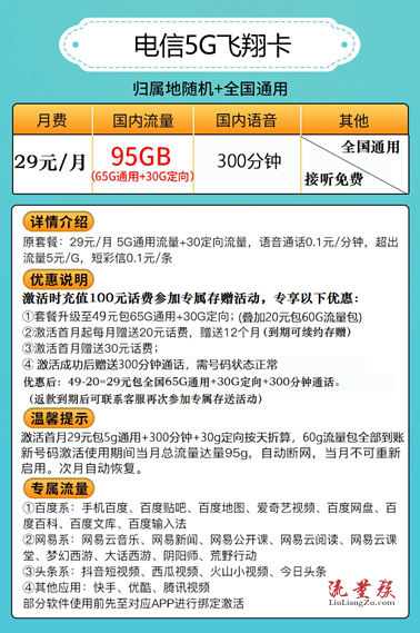 电信5G飞翔卡套餐介绍:29元/月,90G流量+300分钟-2