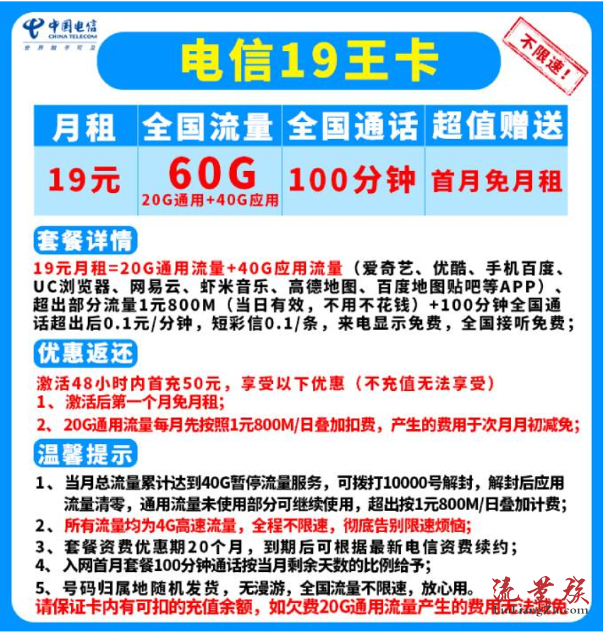 电信19元王卡手机套餐介绍 - 19元/月 60G全国流量+100分钟通话