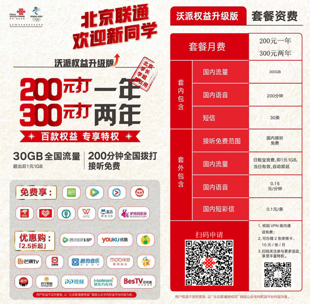 北京联通校园卡12.5元/月,30GB全国流量+超出后1元1GB+200分钟+30短信,全国包邮,申请无任何限制