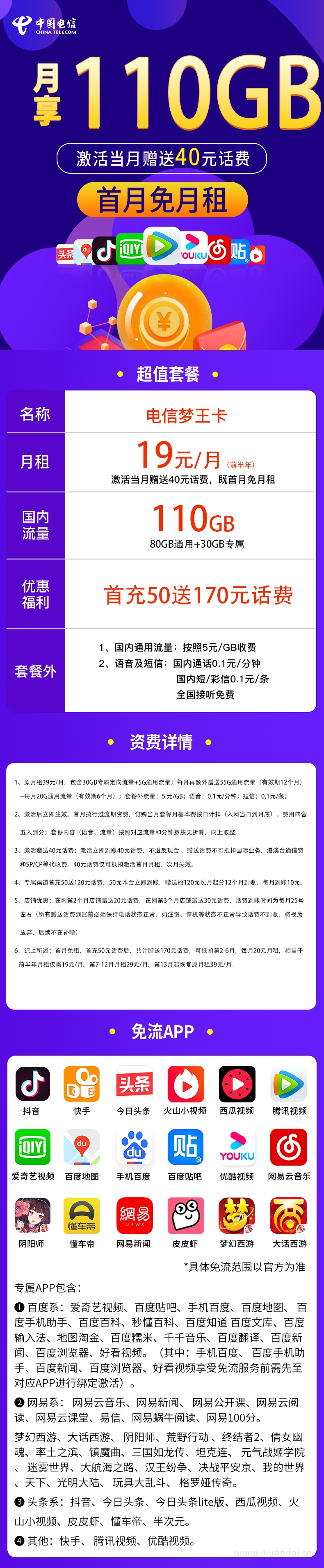 电信梦王卡19元包80G通用流量+30G定向流量+通话0.1元/分钟插图1
