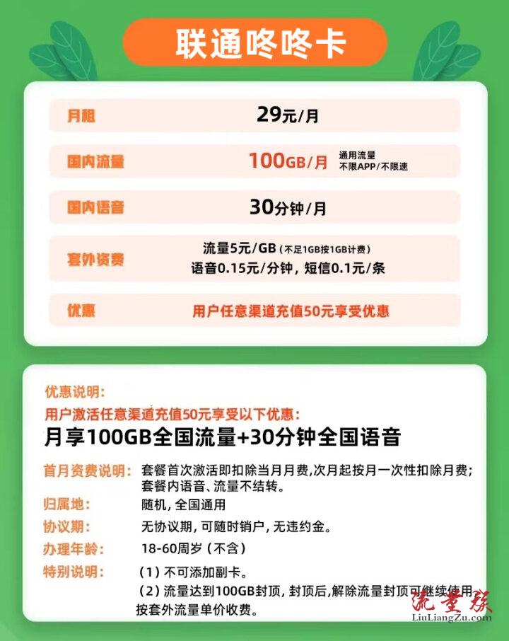 联通咚咚卡29元100G通用流量+30分钟 (永久套餐/资费)-2
